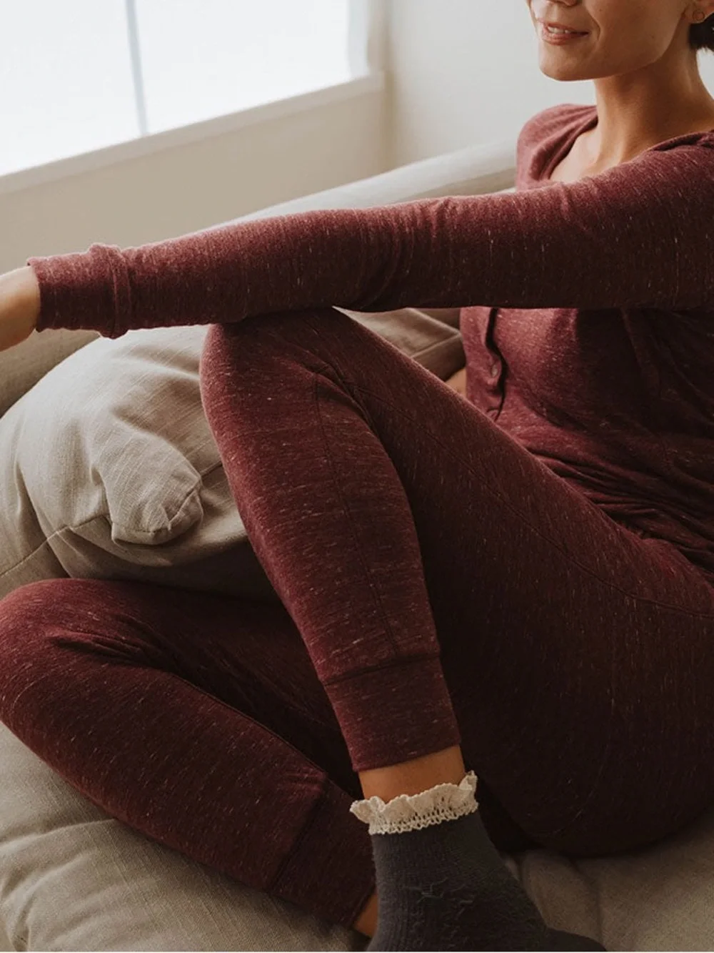 Albion Fit Cabin Fever Pajama Lounge Set Sz Medium Heather Maroon Henley Joggers